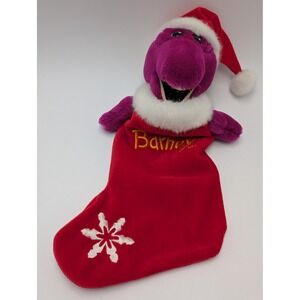Barney Christmas Stocking Red Purple Plush Santa Hat Vintage 90s Decor